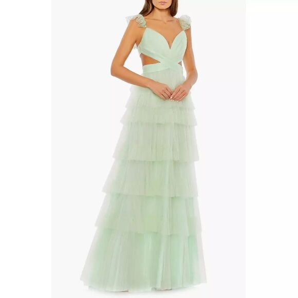 NWT Mac Duggal Mint Green Ruffle Maxi Dress Sz 6 - Picture 2 of 8